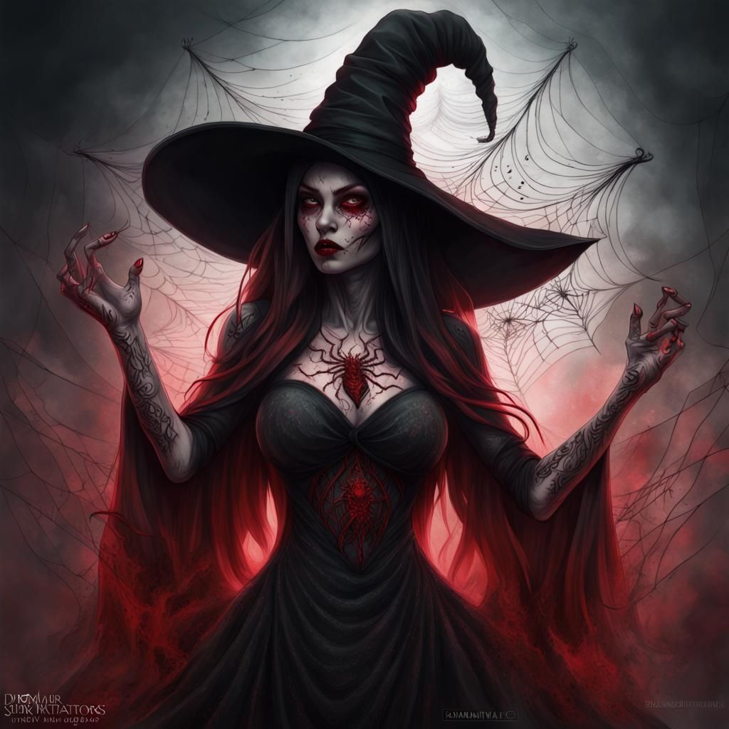 Spider Tattooed Witch Goddess in Dark Fantasy Style