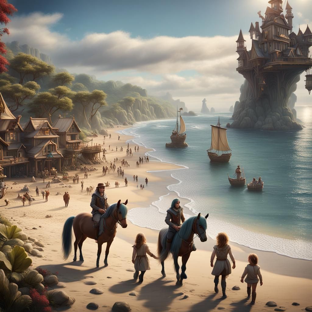 Miniature People and Ponies on the Beach