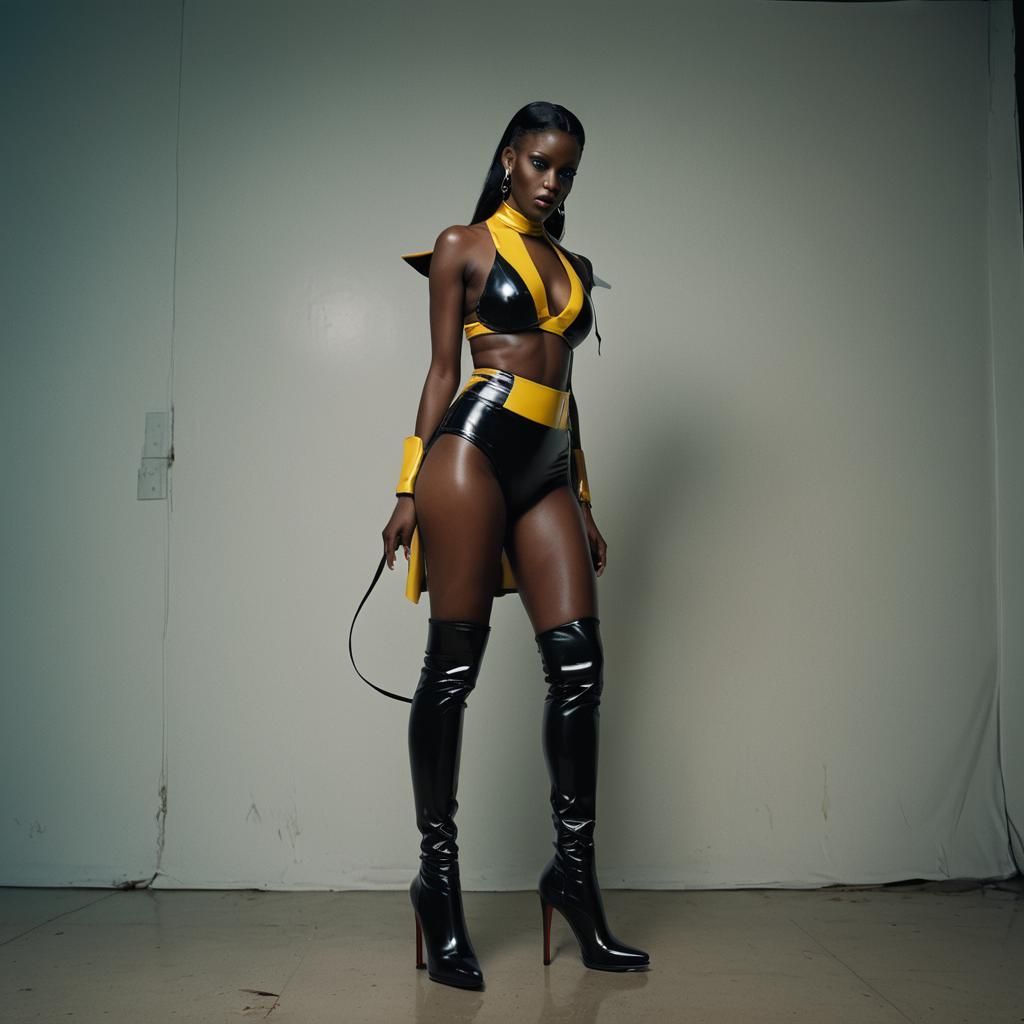 Fatima diame, latex bikini, high heel boots