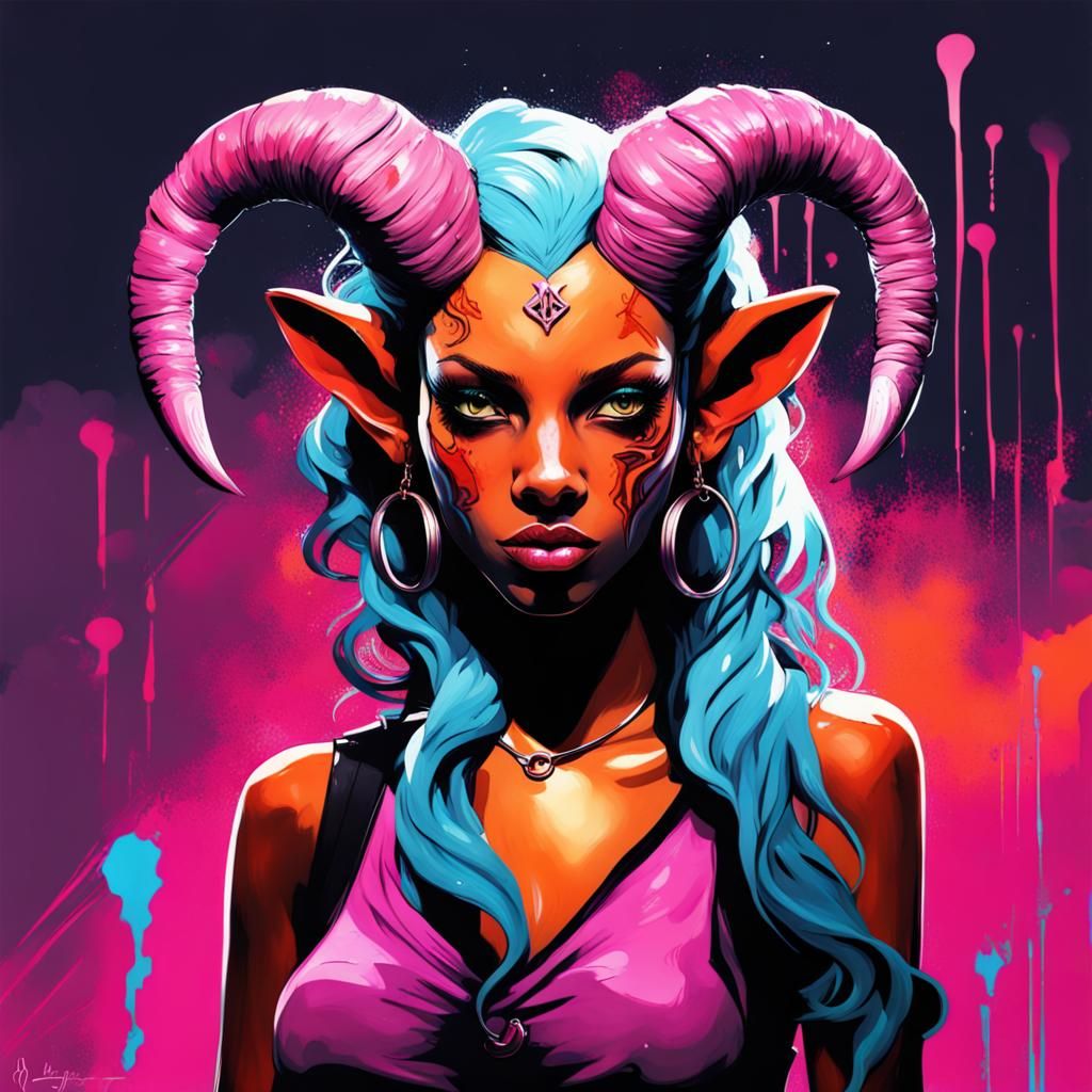 Colorful Tiefling Woman in Graffiti Art Style