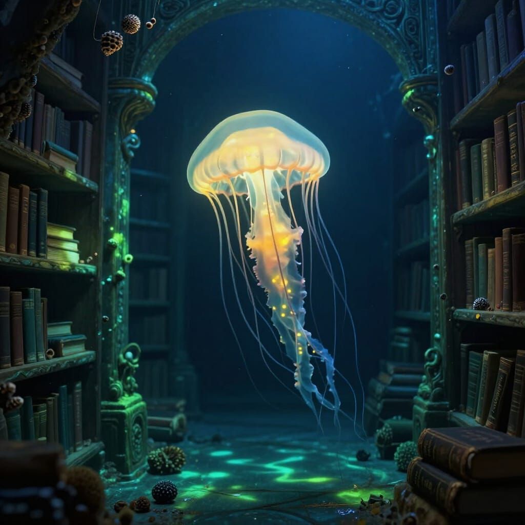 Bioluminescent Jellyfish in Ancient Sunken Library