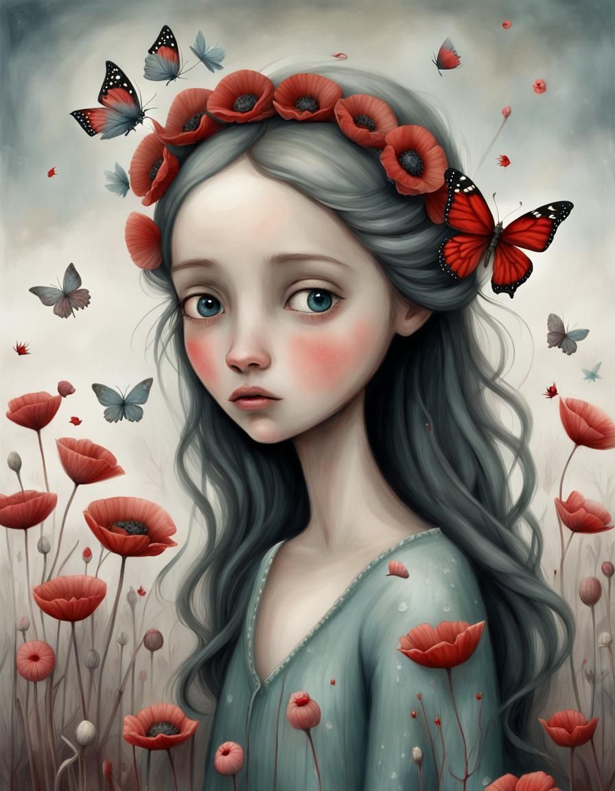 Melancholic Woman with Butterfly Hair and Poppy Crown