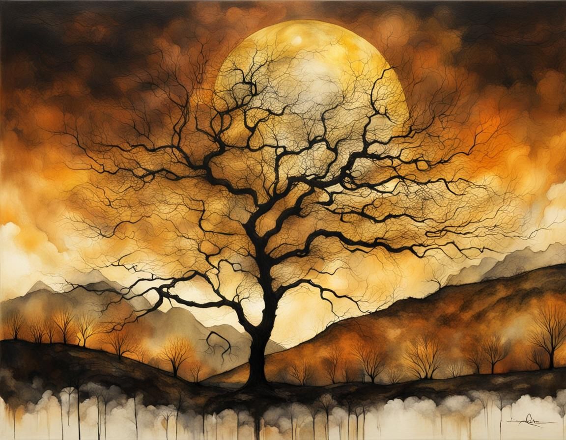 Silhouette of a Tree in Alcohol Ink Style