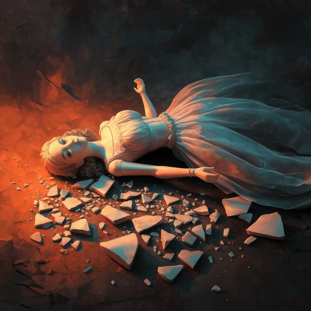 Surreal Shattered Doll Scene in Hyperdetailed Digital Art