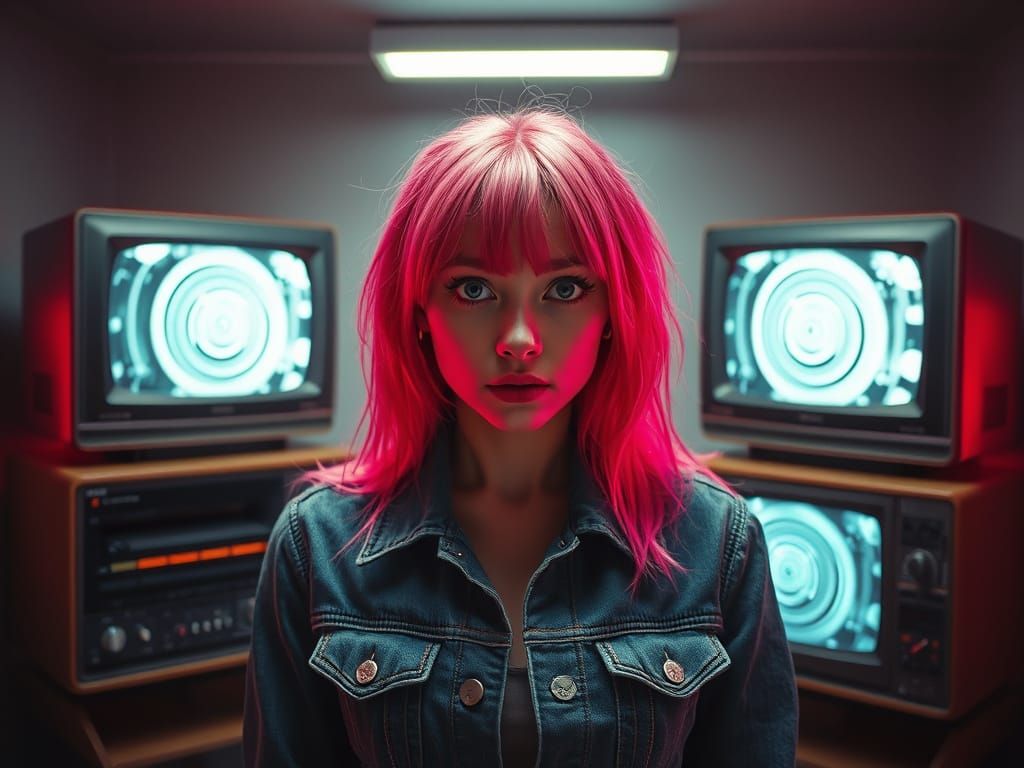 Eerie Pink-Haired Woman in Analog Horror Scene