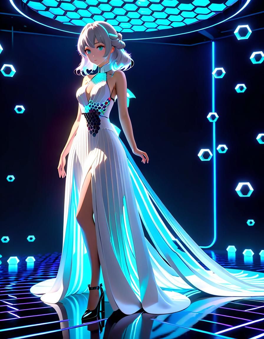 Neon UV Light Anime Girl in Flowing Dress