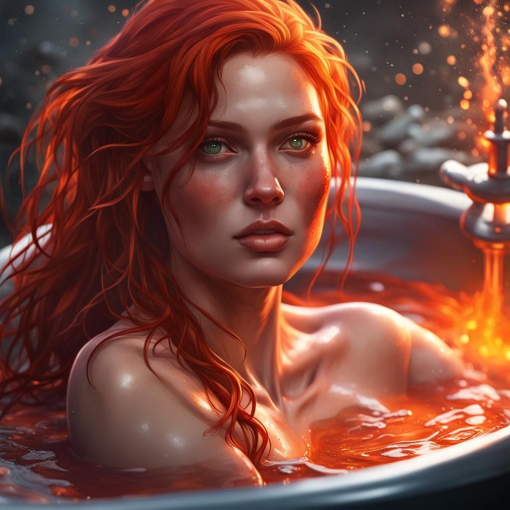 Red-Haired Girl's Lava Bath: Hyperdetailed Portrait