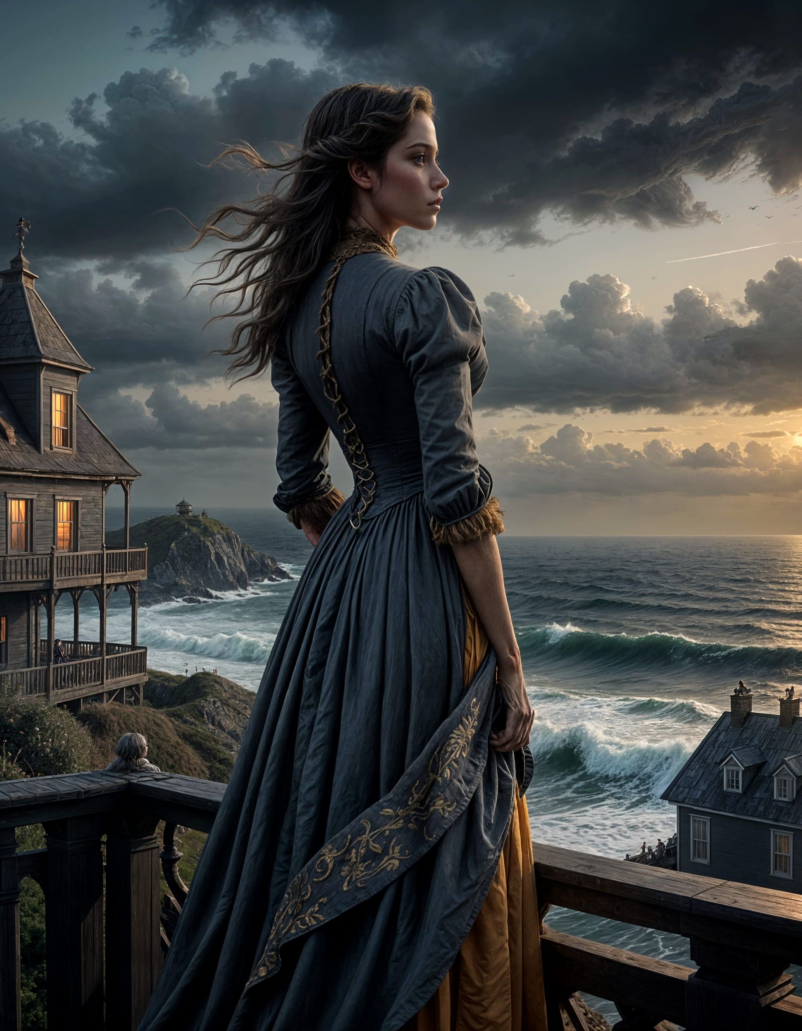 Late 19th Century Woman Scans Stormy Horizon in Anticipation