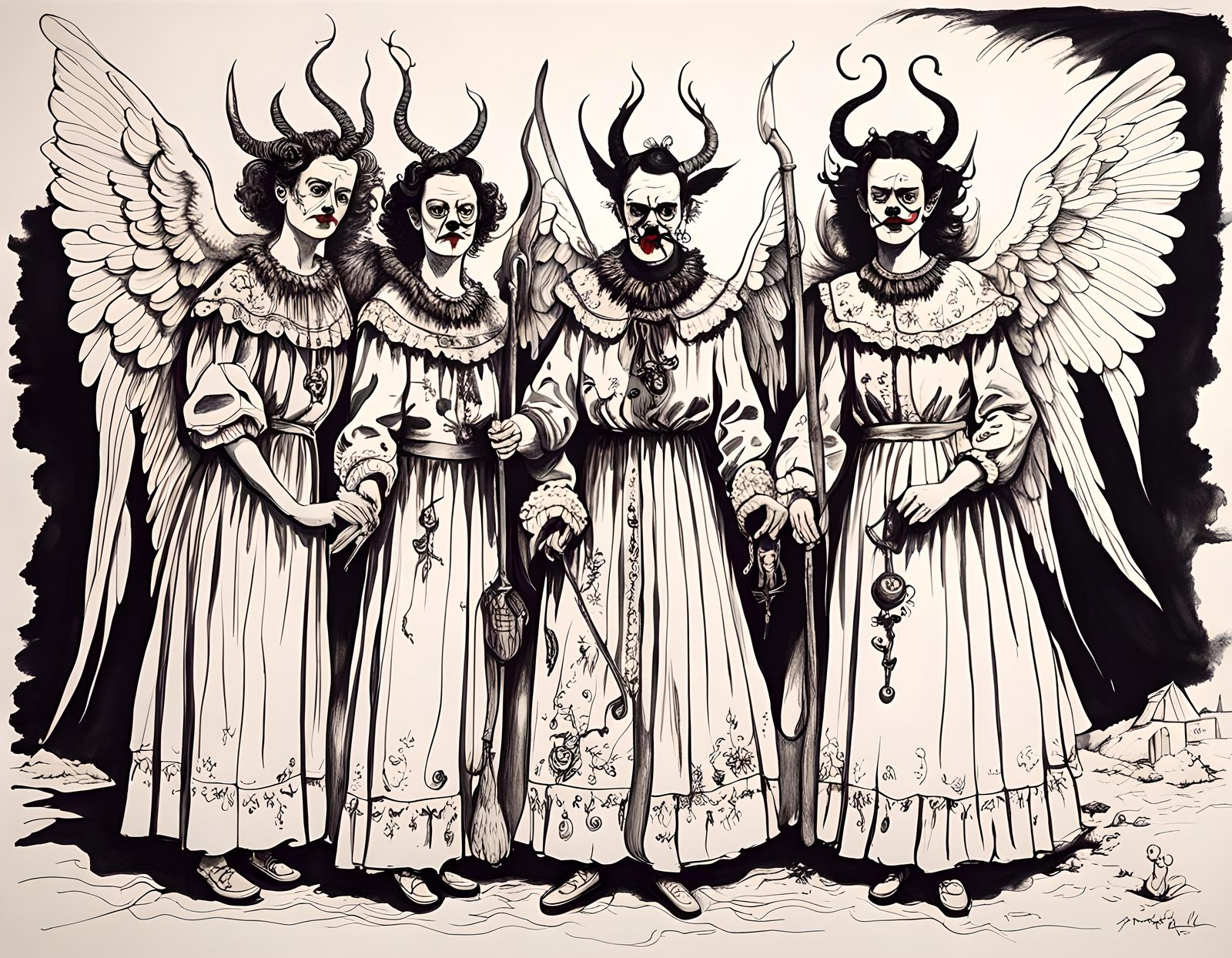 Angelic Clown Krampus in Surrealist Ink Drawing