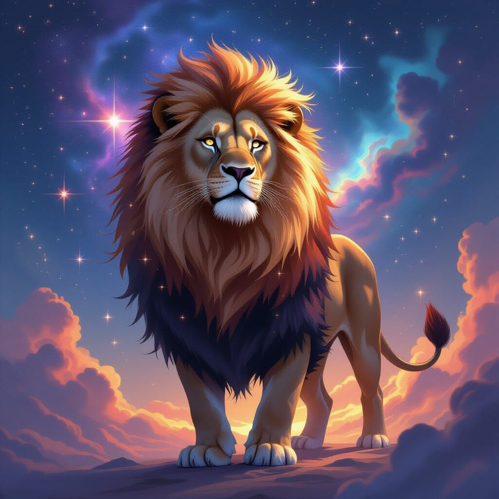 Regal Lion with Star Mane in Cosmic Nebula
