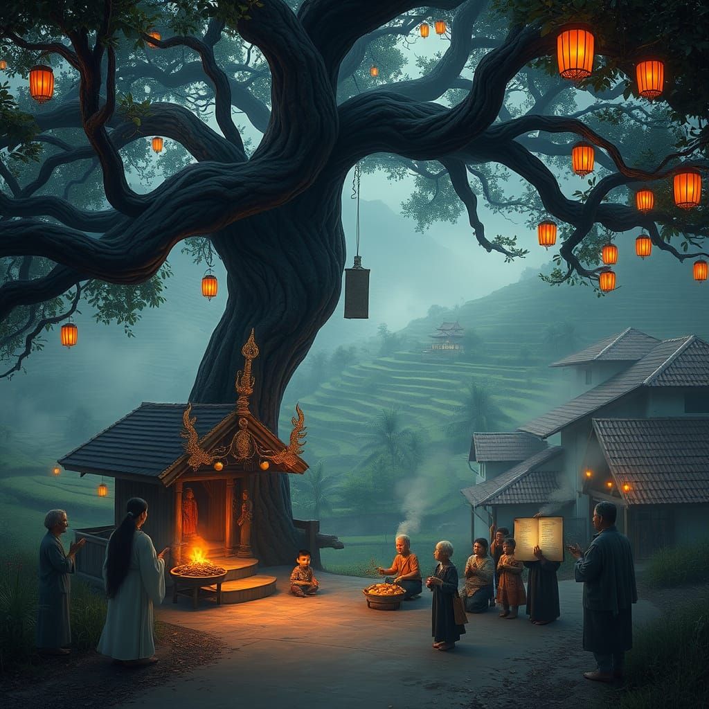 Benevolent Earth God Tudigong Amidst Ancient Shrine and Rice...