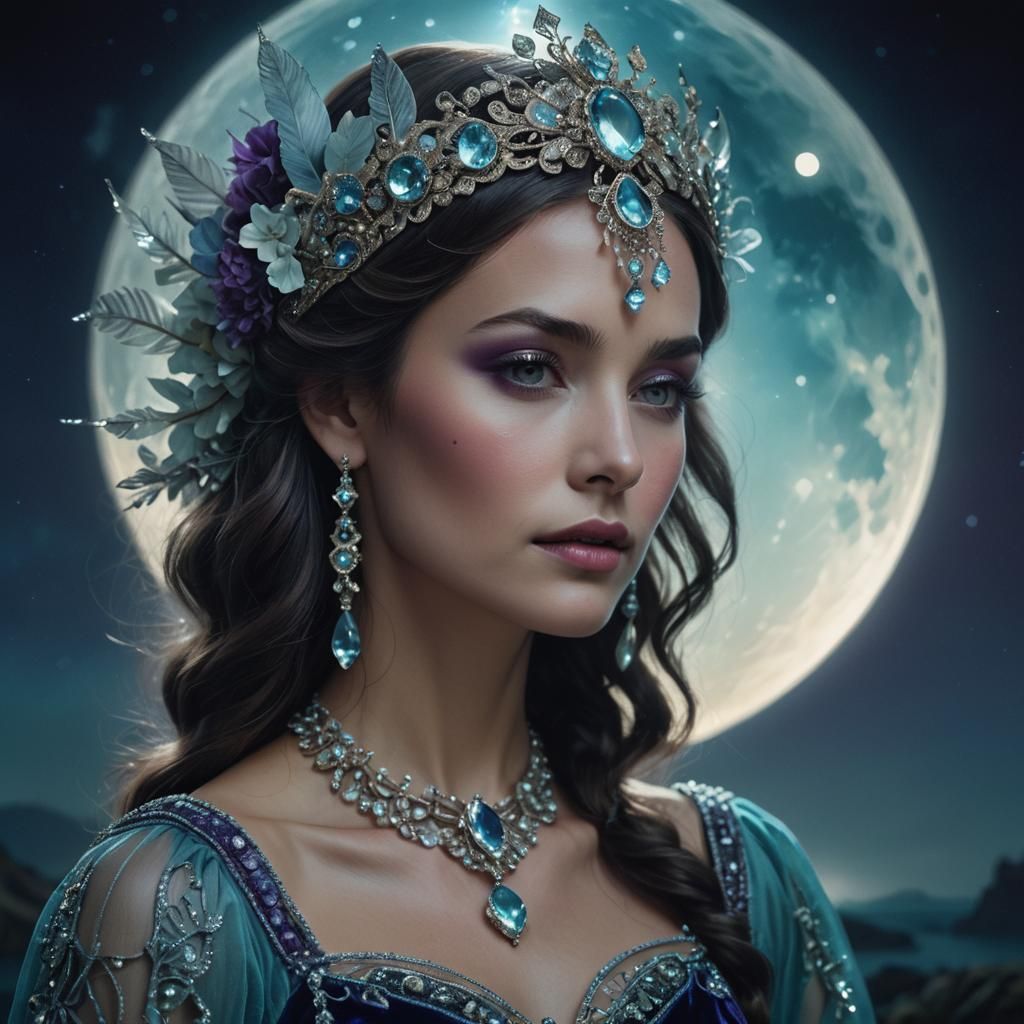 Moonlit Woman in Jeweled Headpiece: Fantasy Portrait