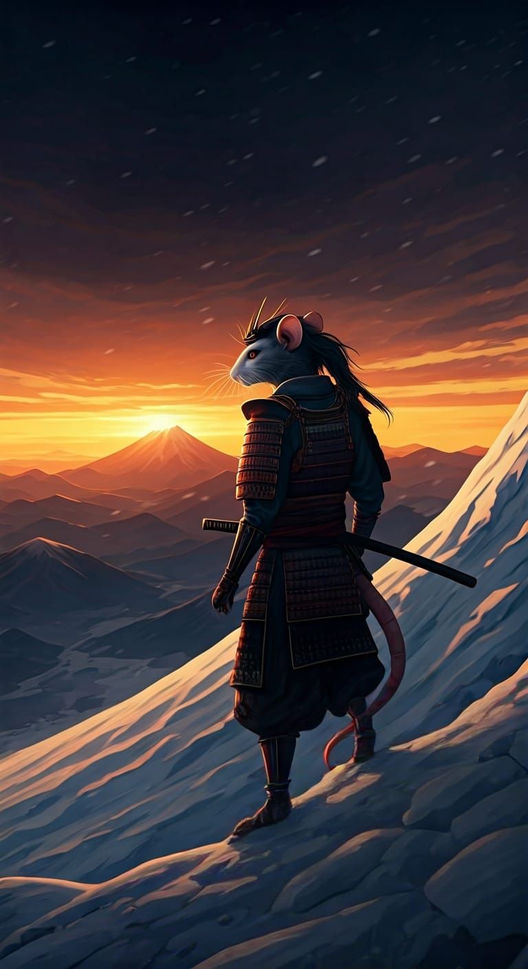Rat-Woman Samurai on Snowy Mountain: Ethereal Design