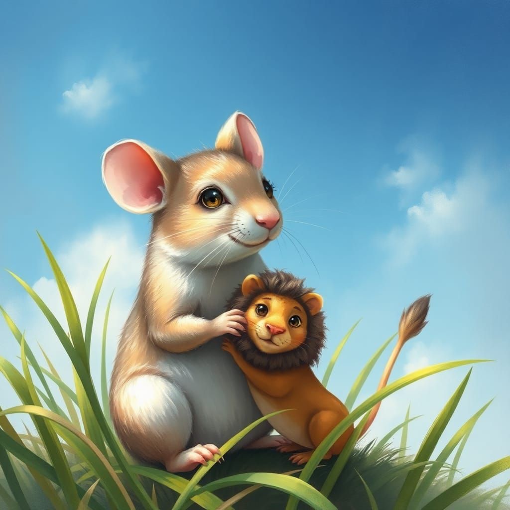 Fluffy Mouse Holding Dandelion in Whimsical Style