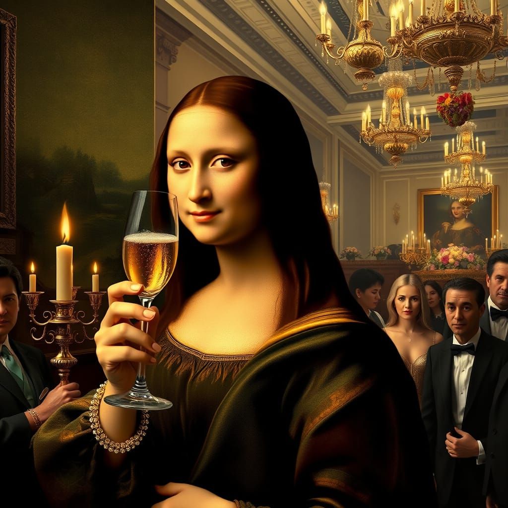 Mona Lisa Toasts with Museum Guests in Elegant Renaissance S...