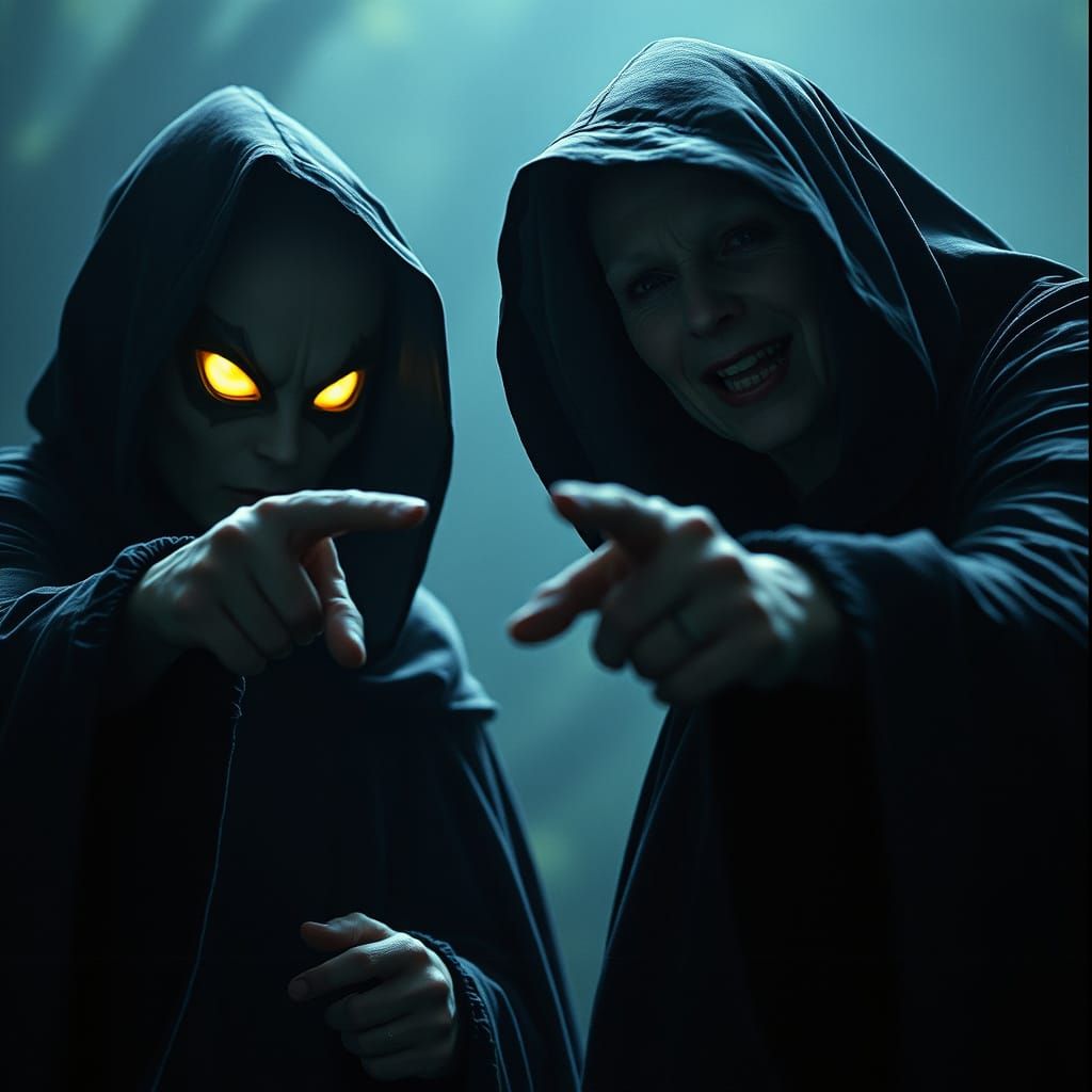 Two Witches Accusing Each Other In Dramatic Cinematic Style