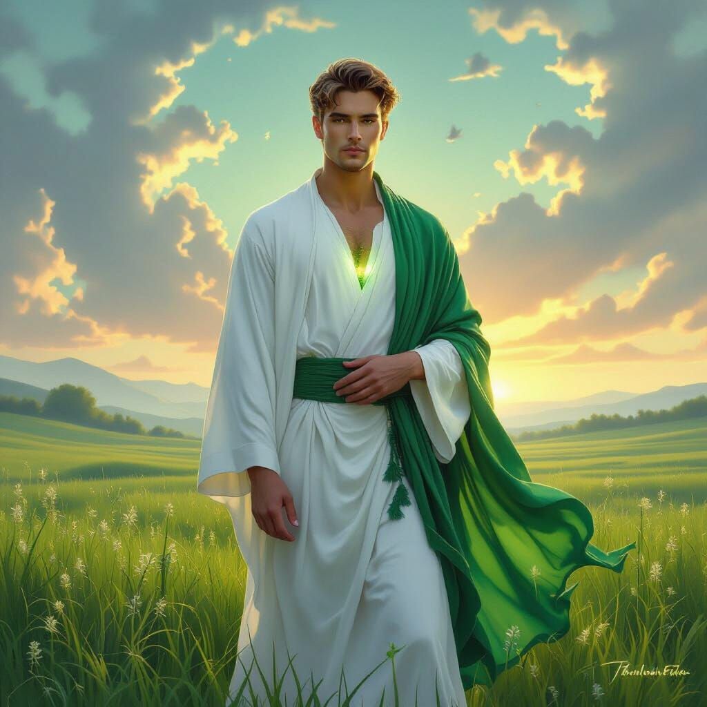 Serene Man in Meadow at Dawn, Fantasy Art Style