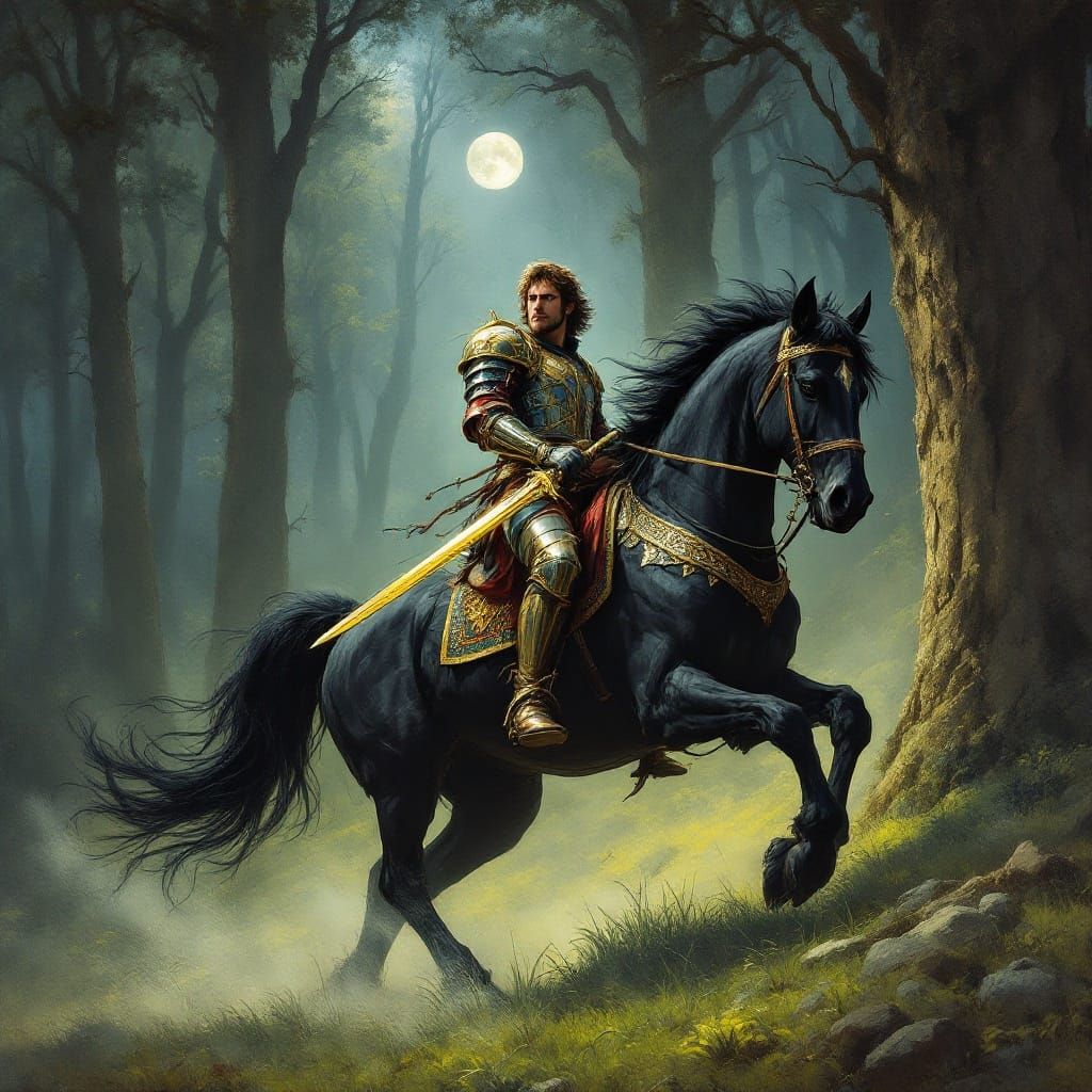 Lancelot Rides Through Misty Forest