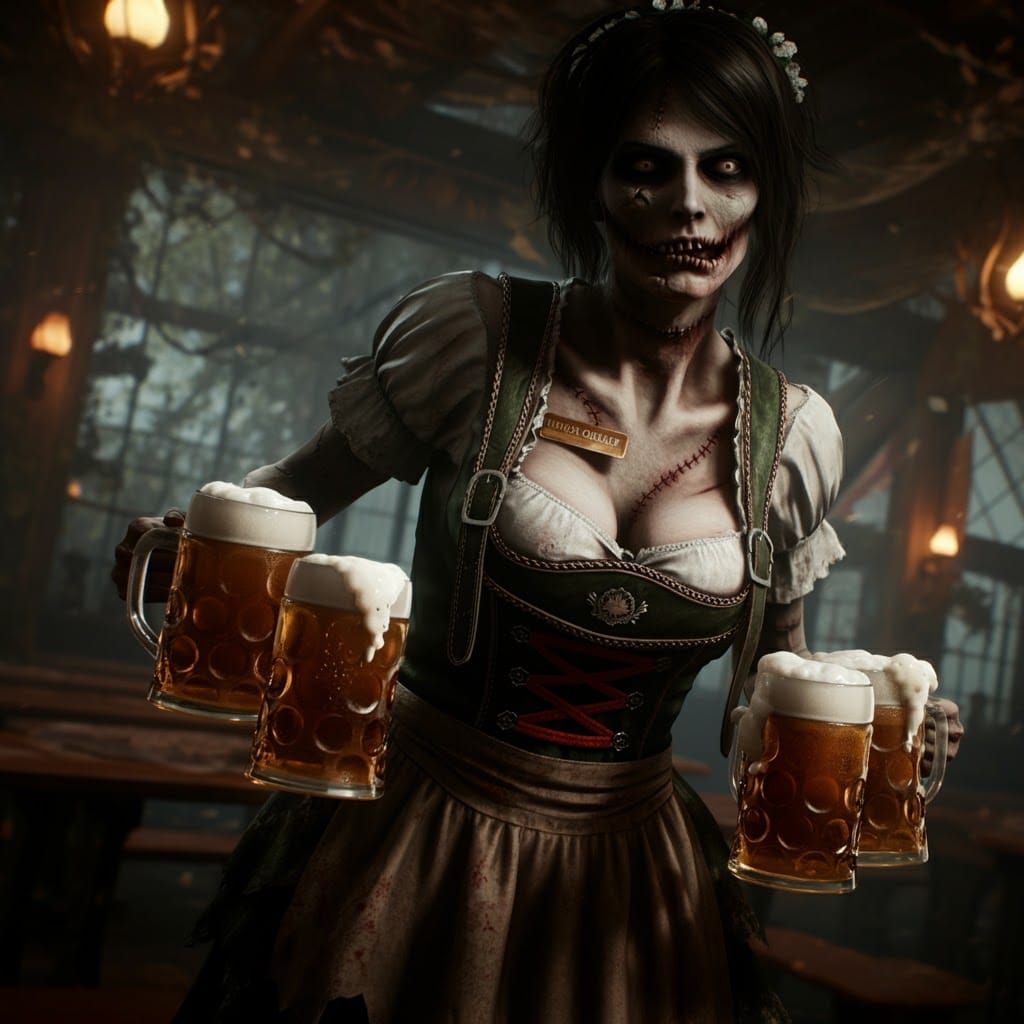 Zombie Waitress in Abandoned Beer Garden: 3D Cinematic
