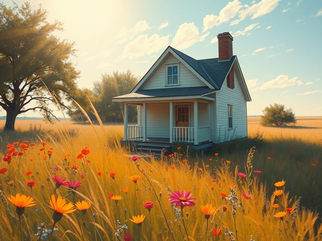 Impressionist Prairie Home in Soft Golden Hues