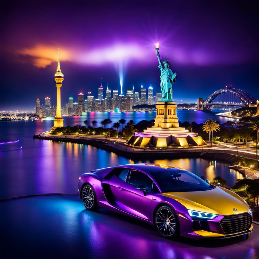 Surreal Cityscape at Night with Vibrant Reflections