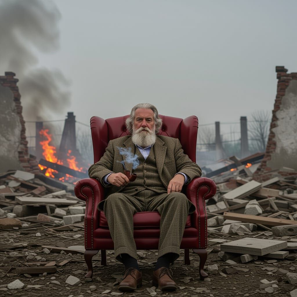 Man in Apocalypse Scene Smoking Pipe in Velvet Chair