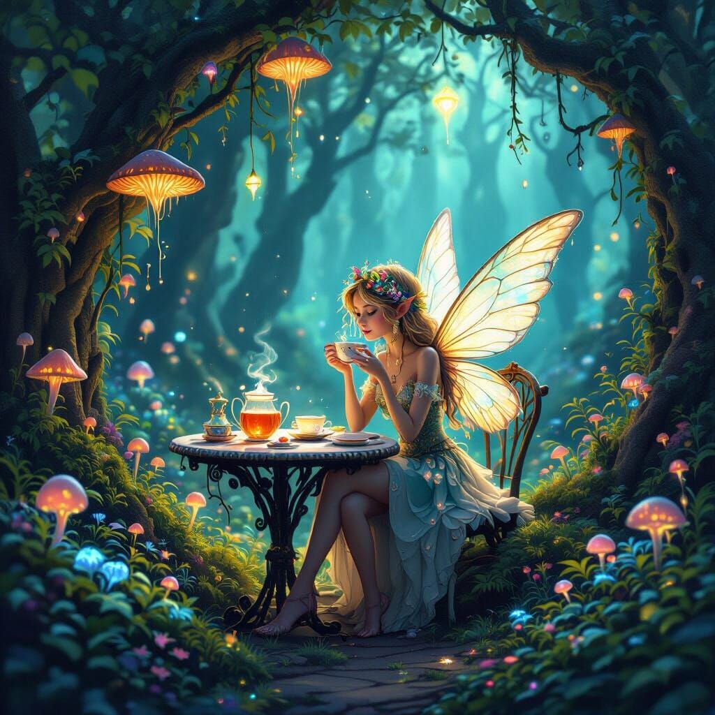 Enchanted Fairy Cafe in Bioluminescent Forest