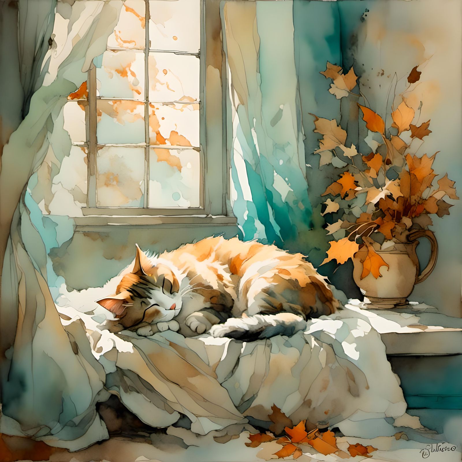 Cozy Cat Asleep on Rainy Autumn Day
