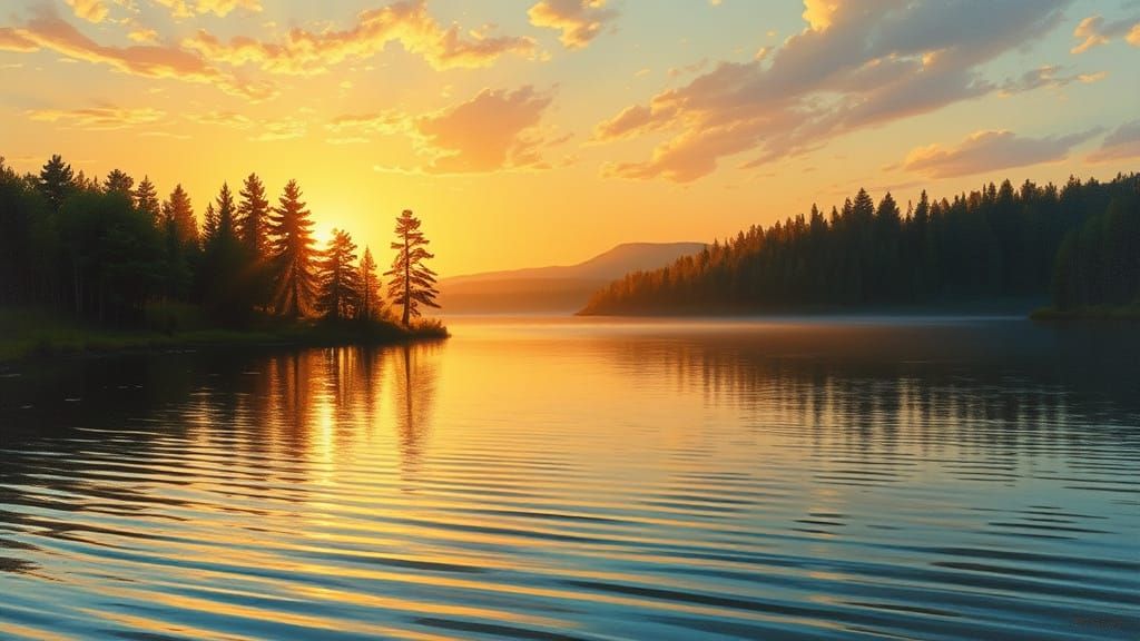 Serene Lake Landscape in Golden Light Oil Painting