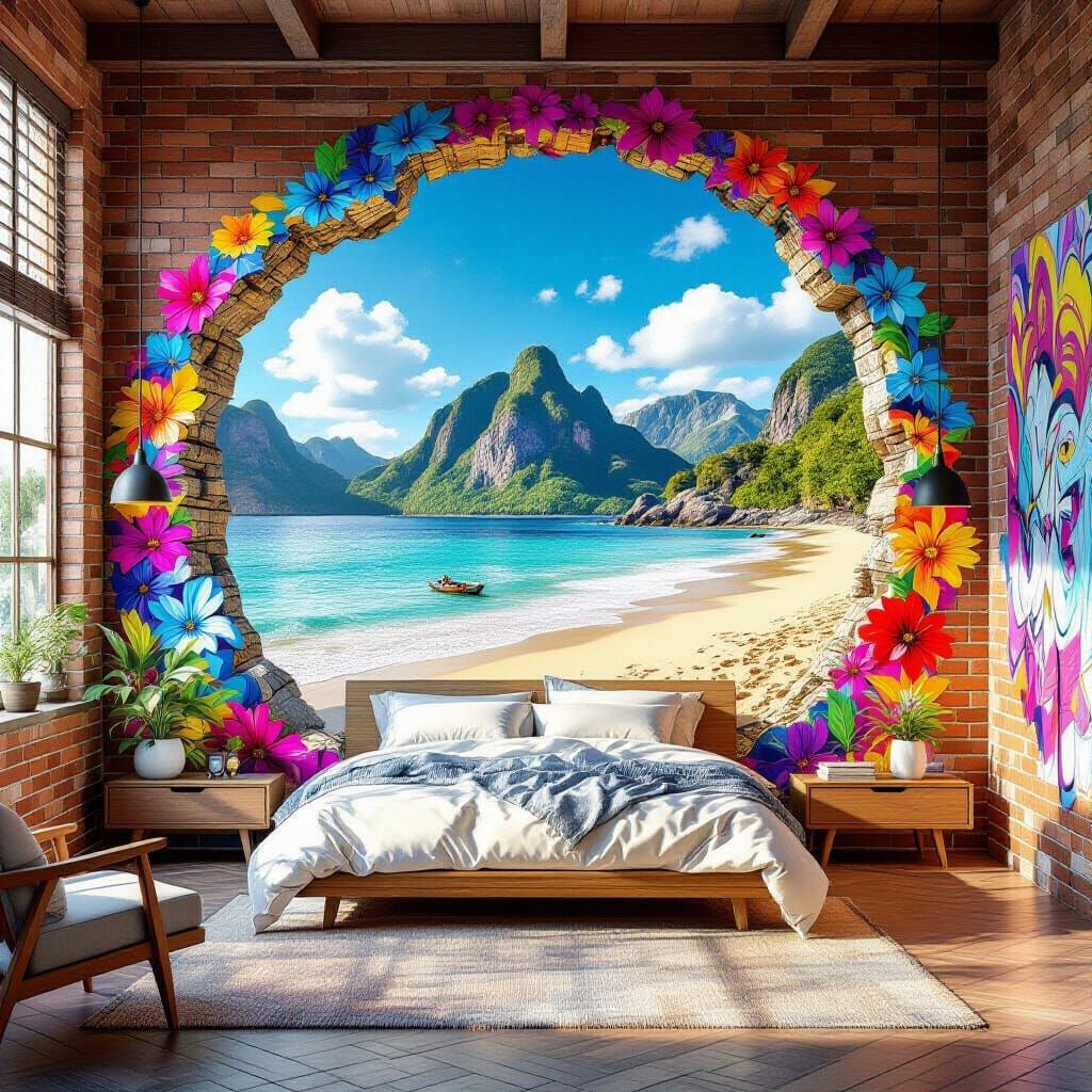 Futuristic Trompe l'Oeil Bedroom with Psychedelic Art