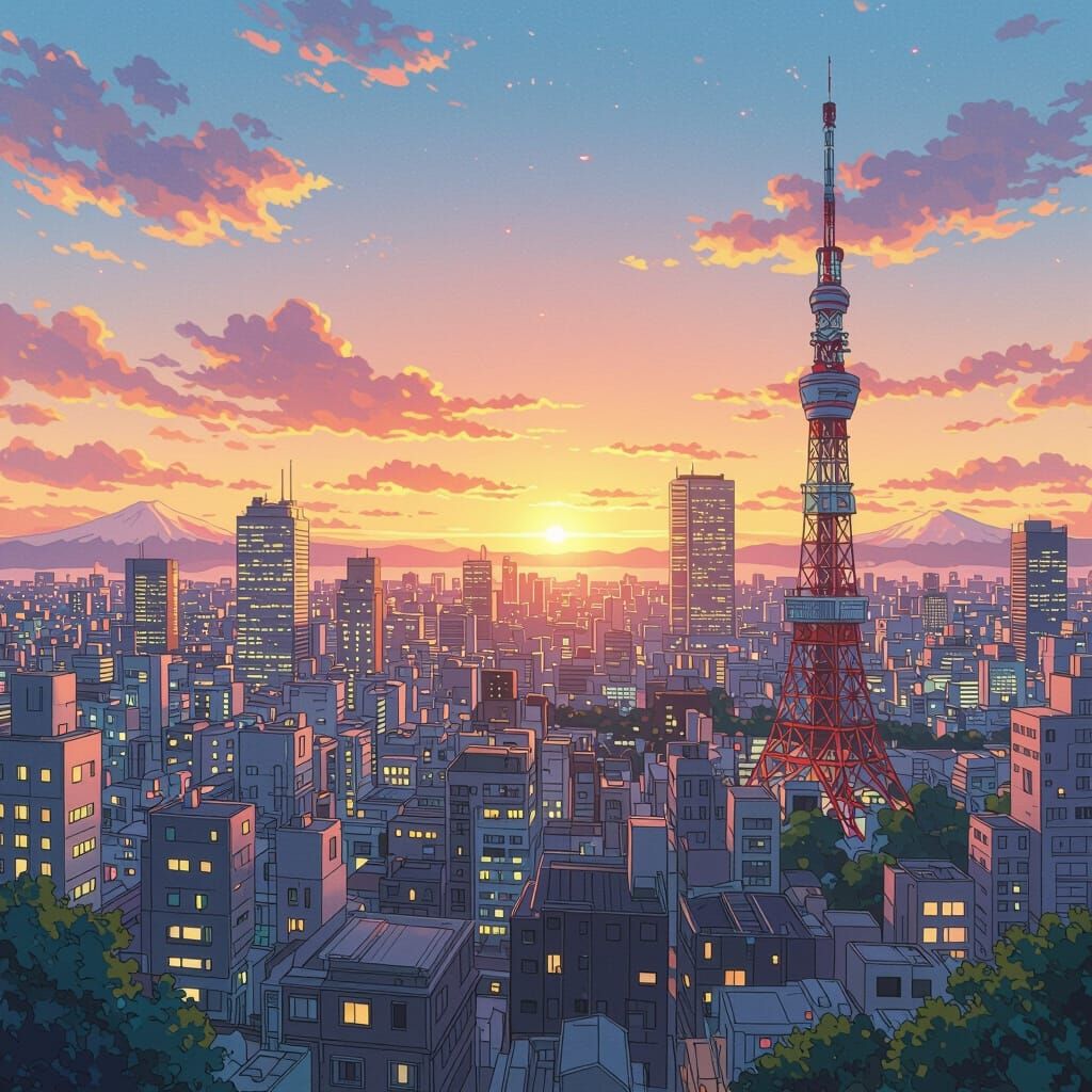 Anime Cityscape at Sunset in Pastel Colors