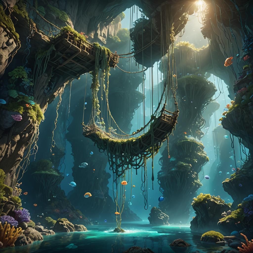 Underwater Chasm Rope Bridge in Fantasy Style
