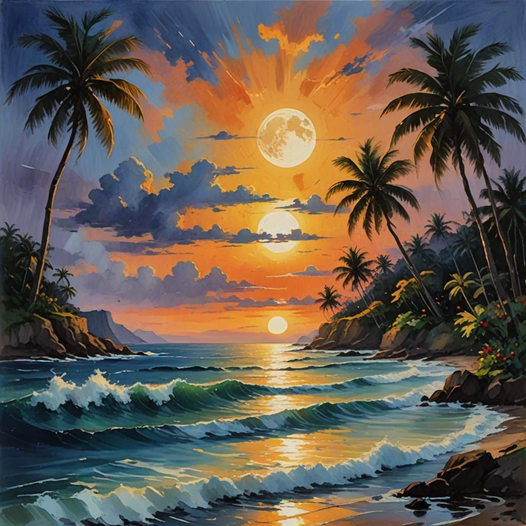 Impressionist Masterpiece: Moon Rising over Hawaiian Landsca...