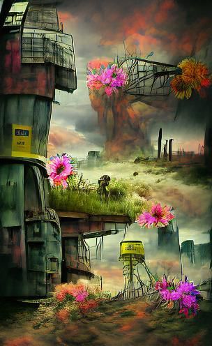 Post-Apocalyptic Landscape with Flowers: Digital Illustratio...