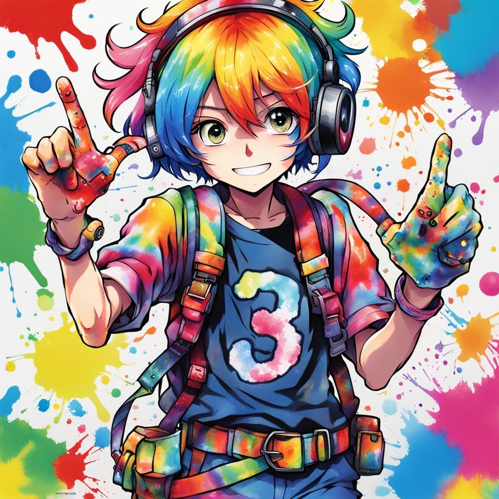 Rainbow Haired Teen in Anime Key Visual Style