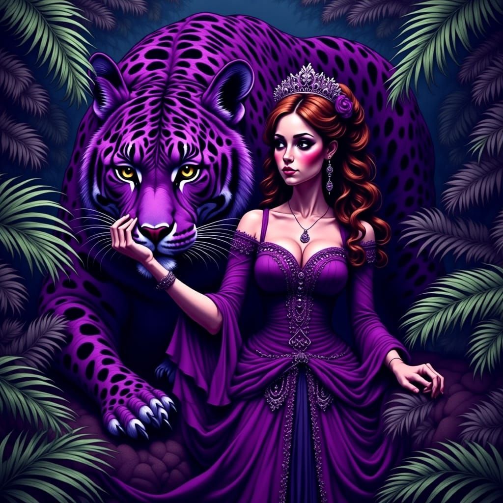 Purple Jungle Princess with Leopard in Vibrant Style