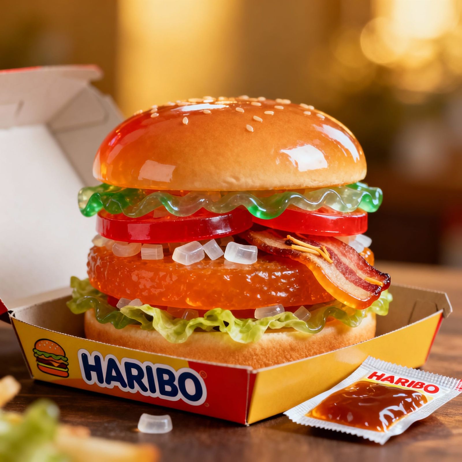 Giant Haribo Gummy Burger in Box, Hyperrealistic Food Photog...