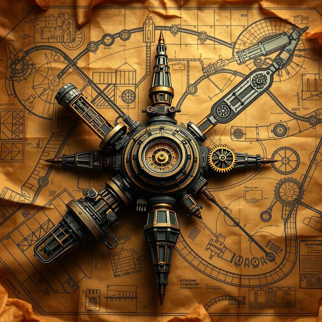 Retro Steampunk Space Station Blueprints on Old Parchment