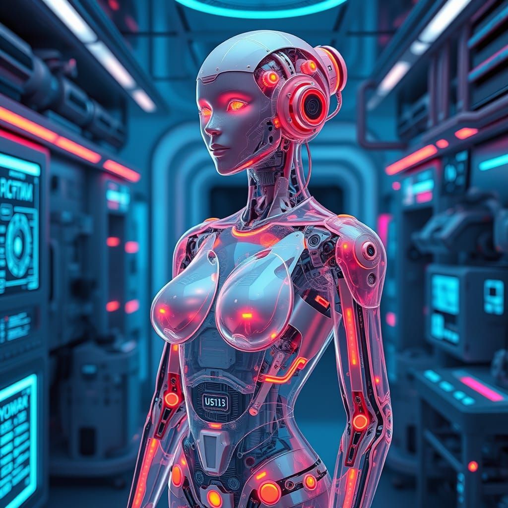 Translucent Robot Woman in Futuristic Laboratory