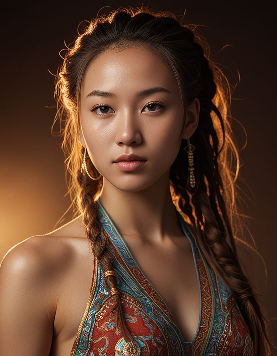 Surreal Portrait of Mongolian Goddess in Warm Sunset Light