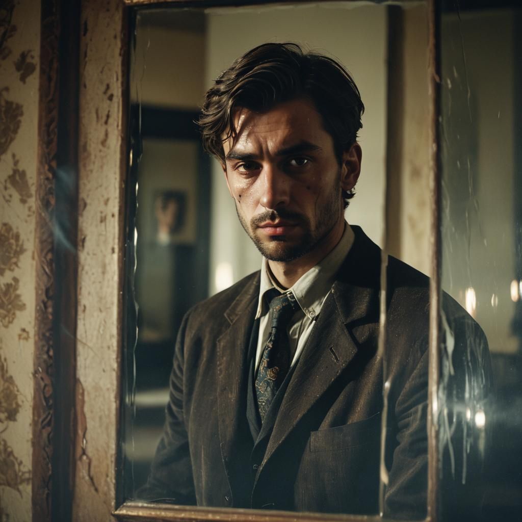 Surreal Portrait: Man and Antique Mirror Reflection