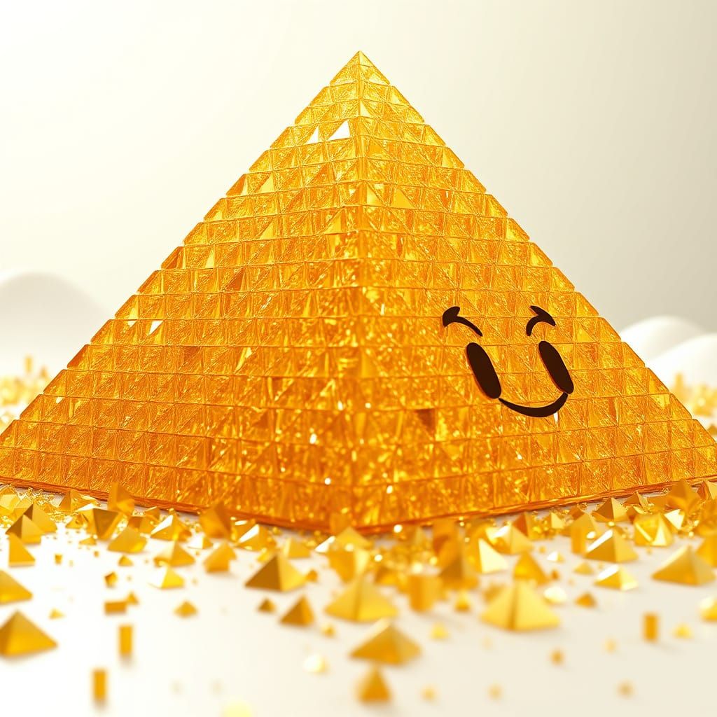 Golden Pyramid with Surprised Face in Hyperrealistic CGI