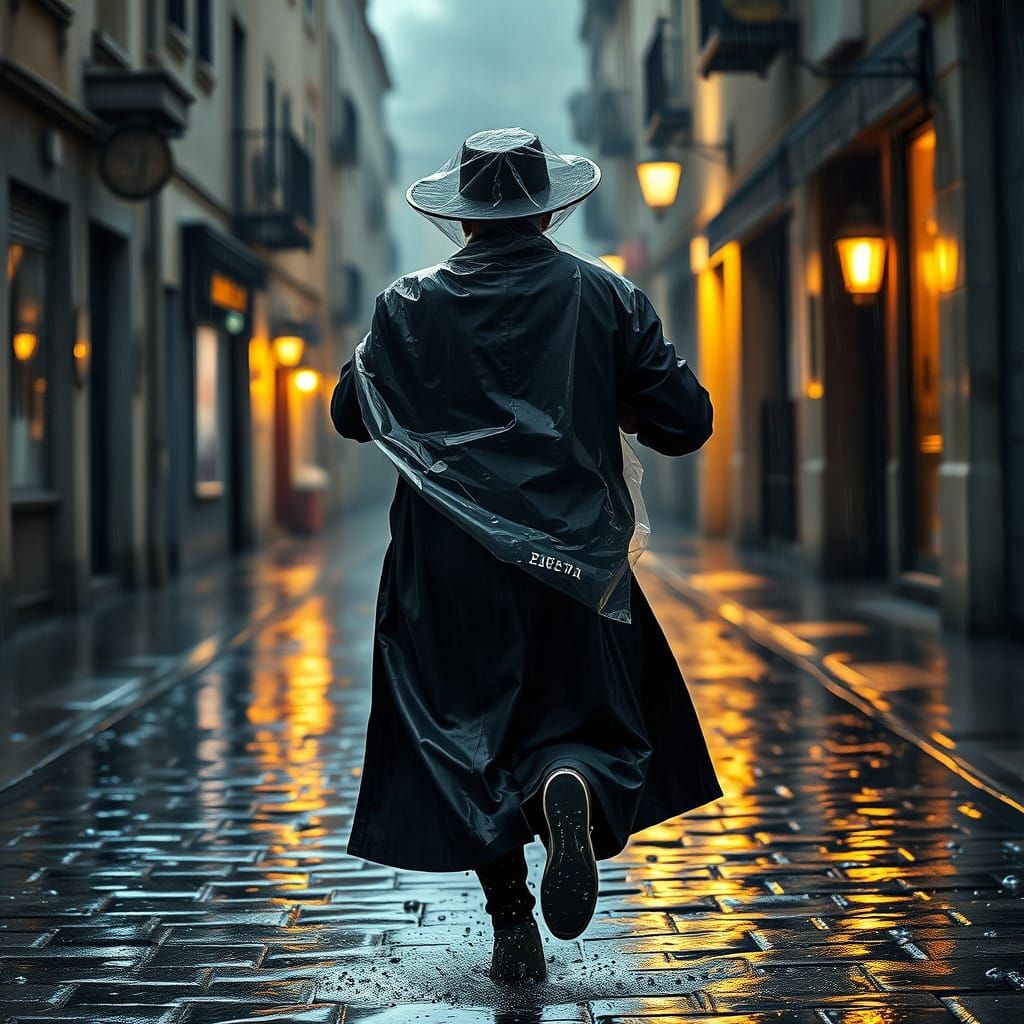 Haredi Man Rushes Down Cobblestone Street in Rainstorm, Trad...
