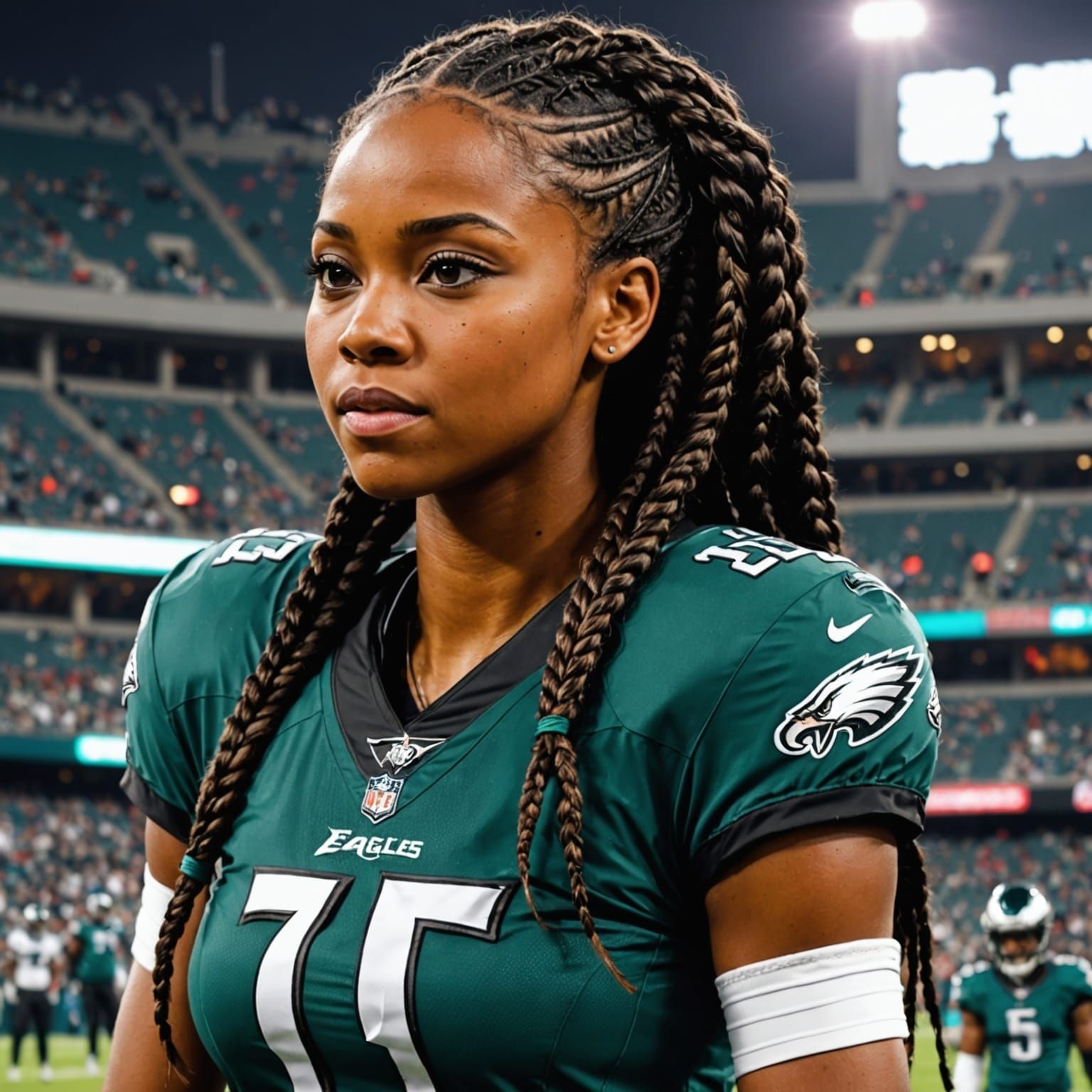 Strong Female NFL Player in Philadelphia Eagles Uniform with...