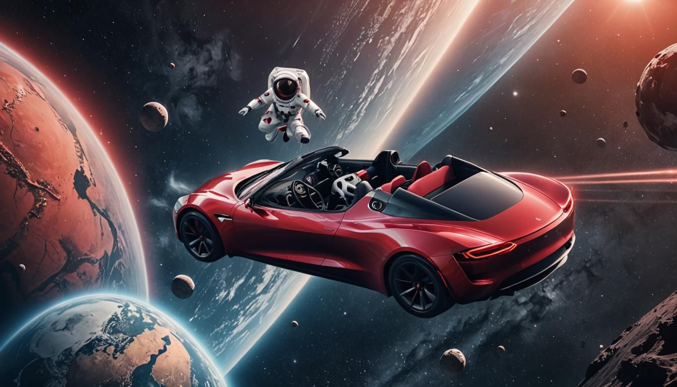 Red Tesla Roadster in Space: Photorealistic Matte Painting