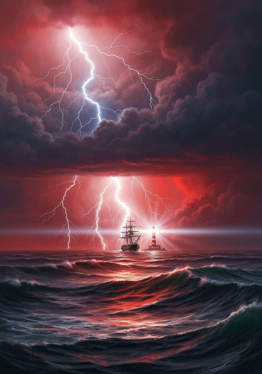 Stormy Seas: Ship Navigating by Lighthouse