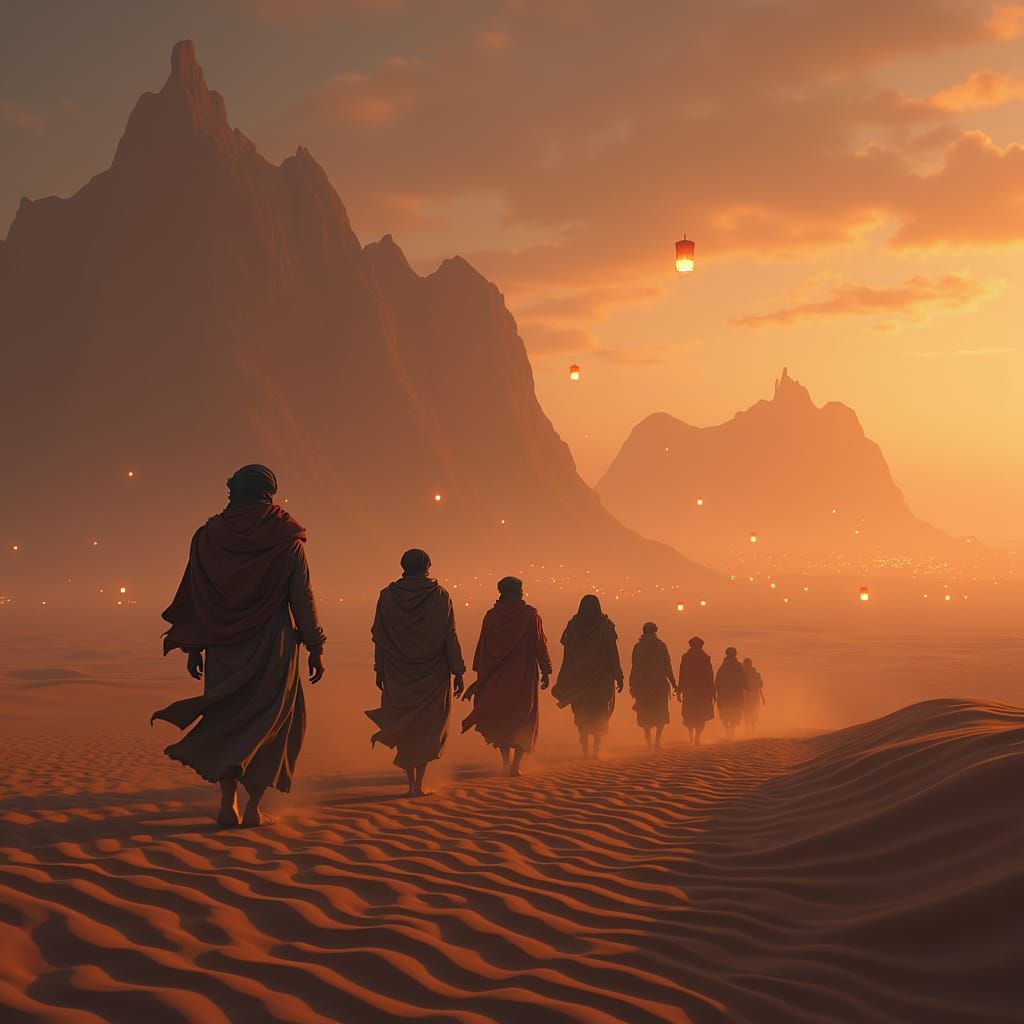 Desert Caravan at Twilight with Floating Lanterns