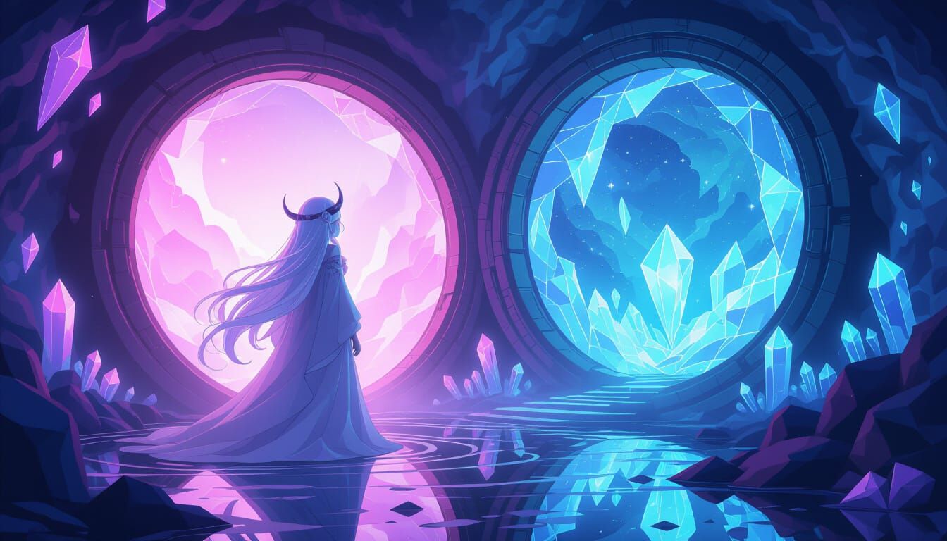 Psychedelic Waifu Enters Portal in Crystalline Cubism