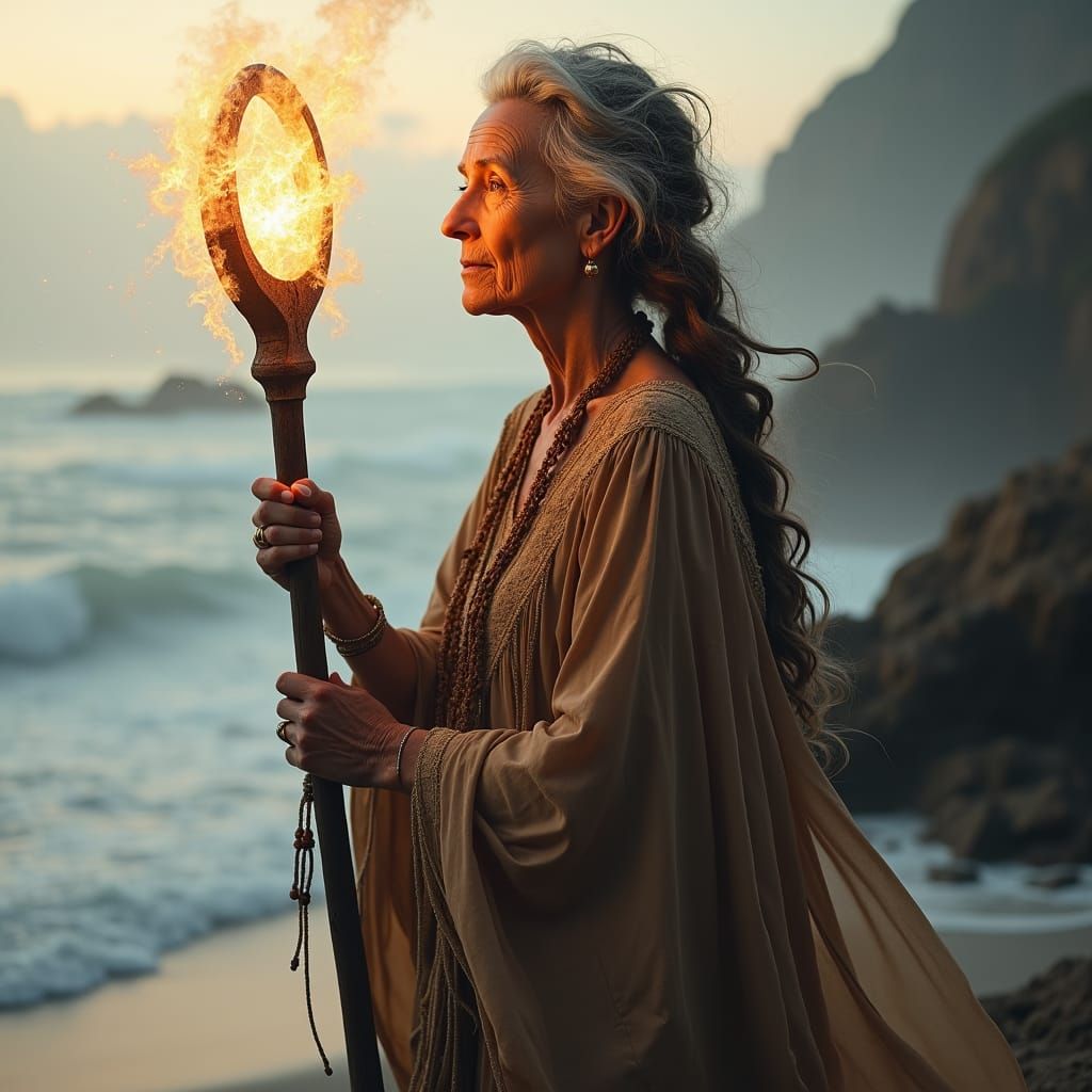 Mystical Woman with Glowing Staff on Misty Beach