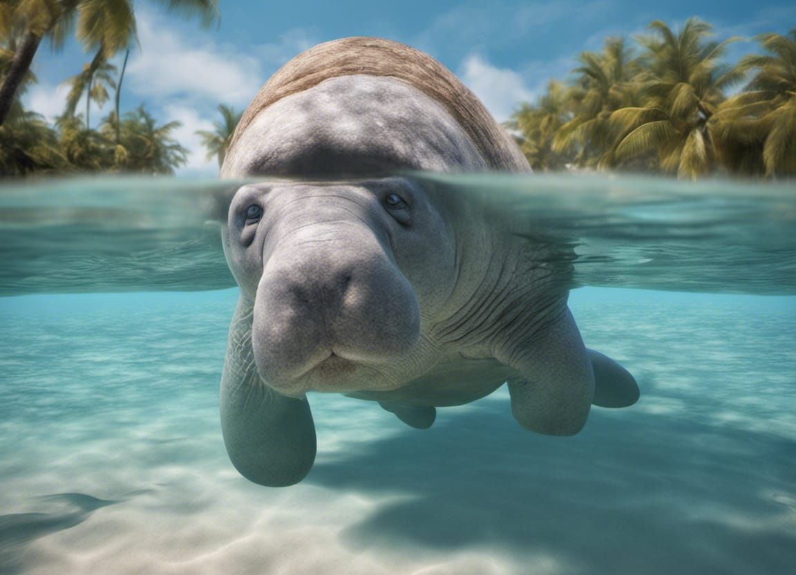 Manatee in Blue Lagoon Wearing Coconut Bra